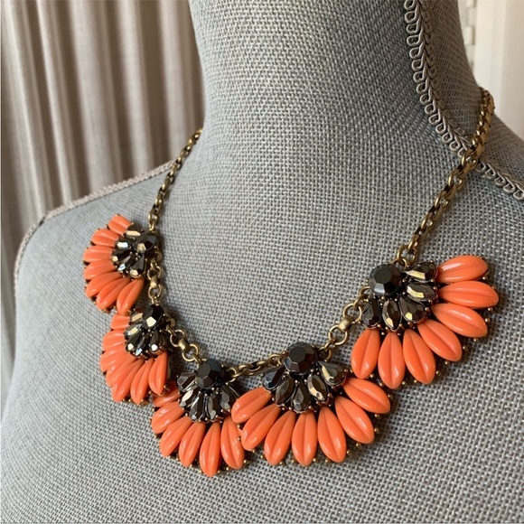 J. Crew Coral and Gold Flower Rhinestone Necklace, Statement Necklace - Picture 4 of 16